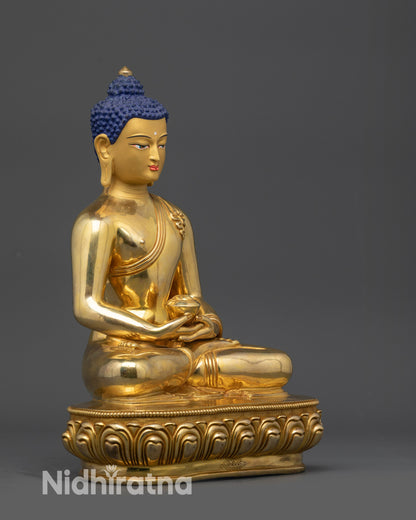 Right side view of Amitabha Buddha gold-gilded statue with lotus seat and polished finish
