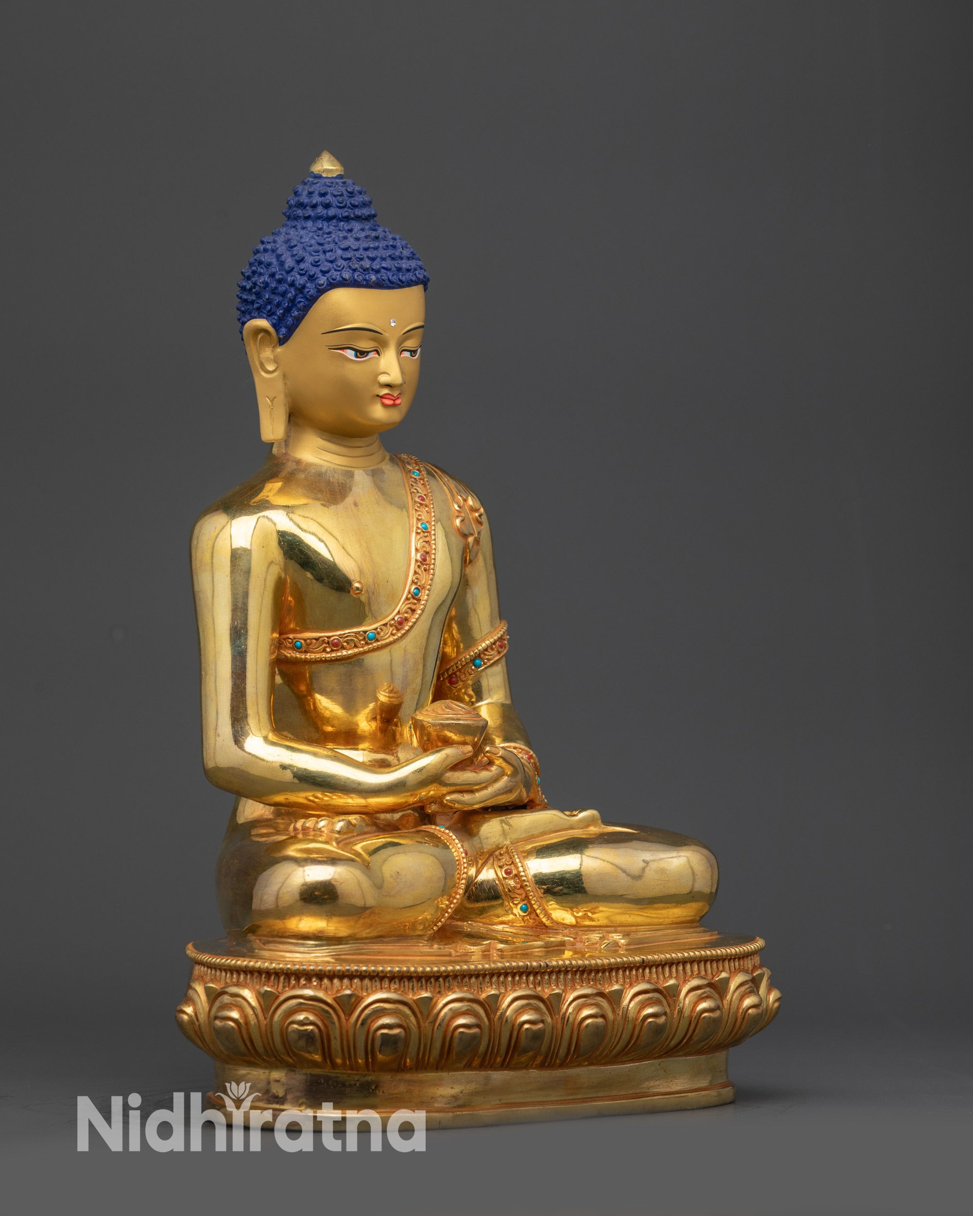 Right side view of Amitabha Buddha sculpture with lotus seat and polished finish
