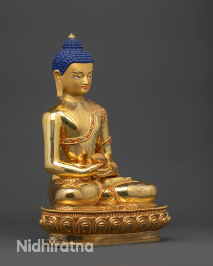 Right side view of Amitabha Buddha sculpture with lotus seat and polished finish
