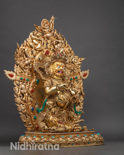 Right side view of Black Dzambhala statue, handmade Newari copper deity for wealth and abundance