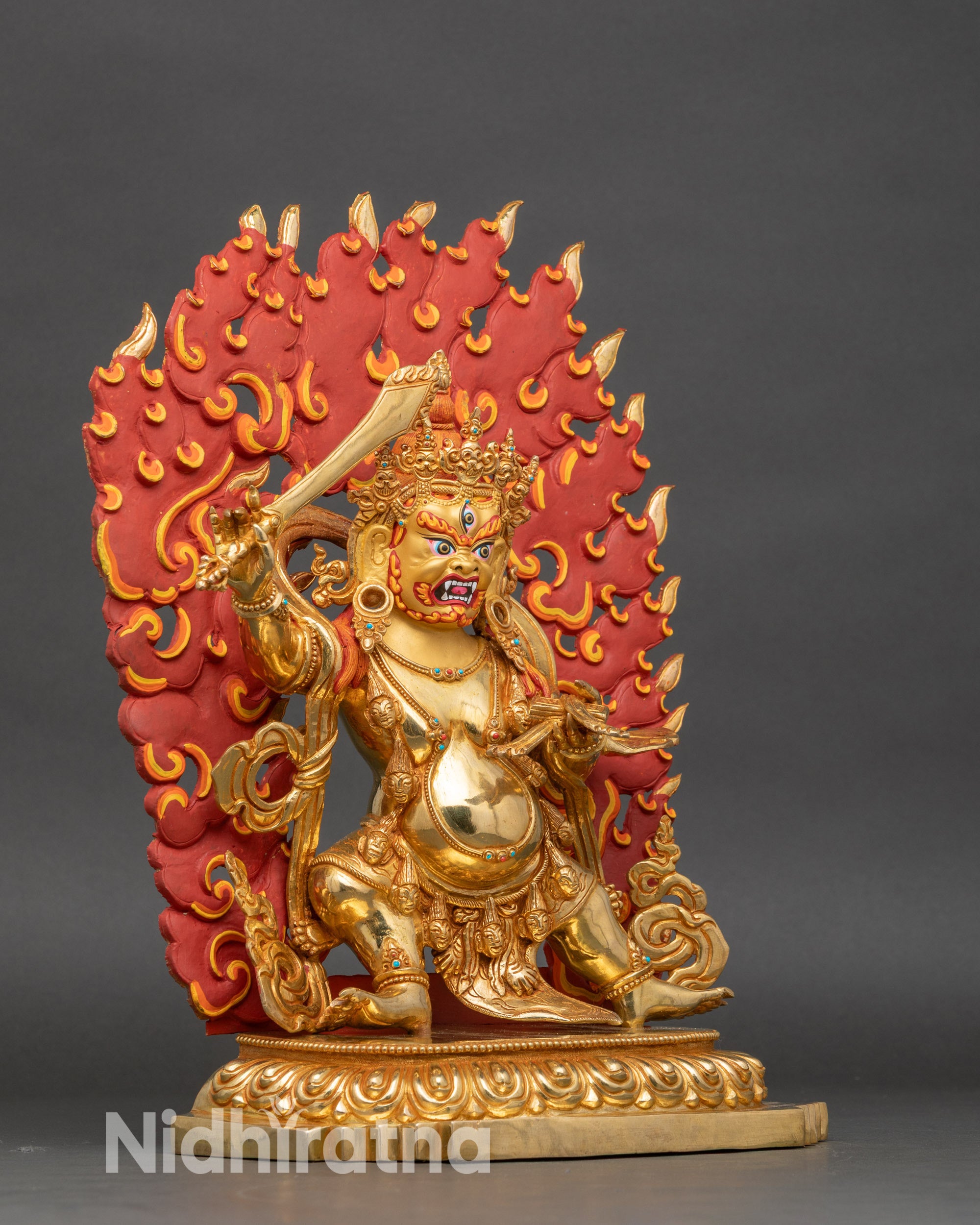 Right side view of Black Manjushri statue, handcrafted Nepalese tantric Buddhist art