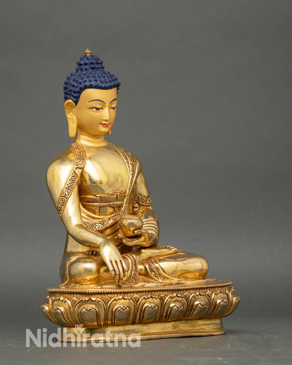Right side view of Buddha statue, fire-gilded copper Himalayan artwork
