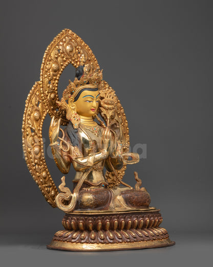 Right side view of Chenrezig Statue seated on double-layered lotus throne
