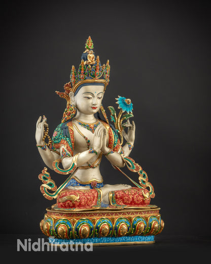Right side view of Chenrezig Statue showing gold-plated robes and lotus seat details