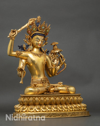 Right side view of Four-Armed Maha Manjushri sculpture, handcrafted Nepalese art
