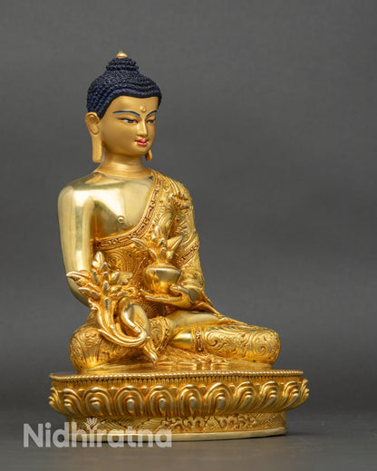 Right side view of Golden Medicine Buddha statue, Nepalese handcrafted copper artwork