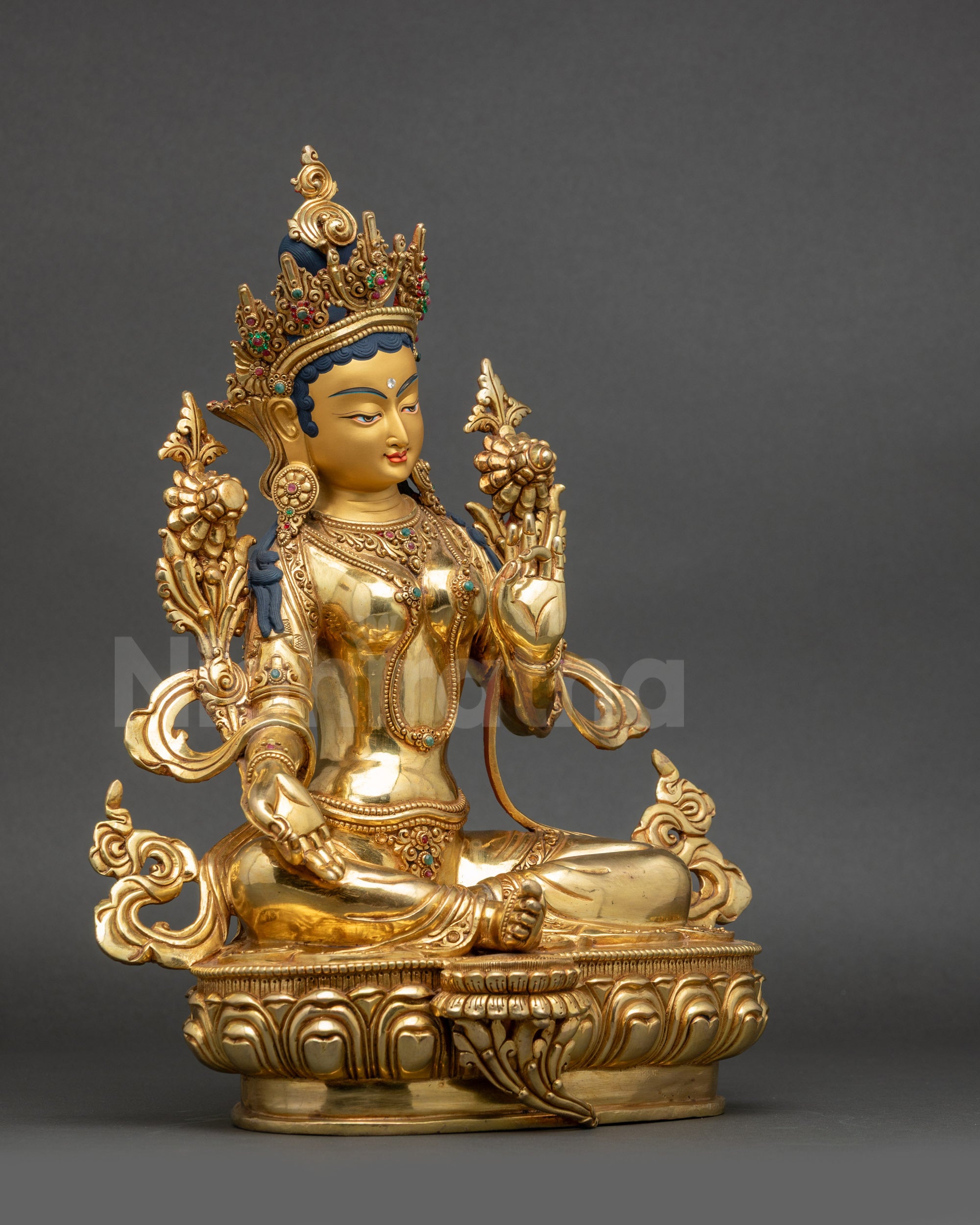 Right side view of Green Tara Sculpture showing moon disc and semi-precious stone seat