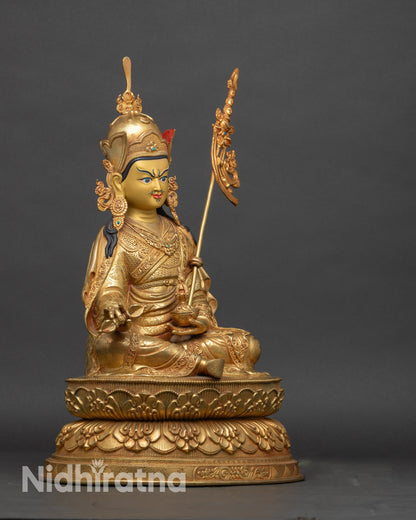 Right side view of Guru Rinpoche statue – Nepalese handmade copper Buddhist figure for meditation decor