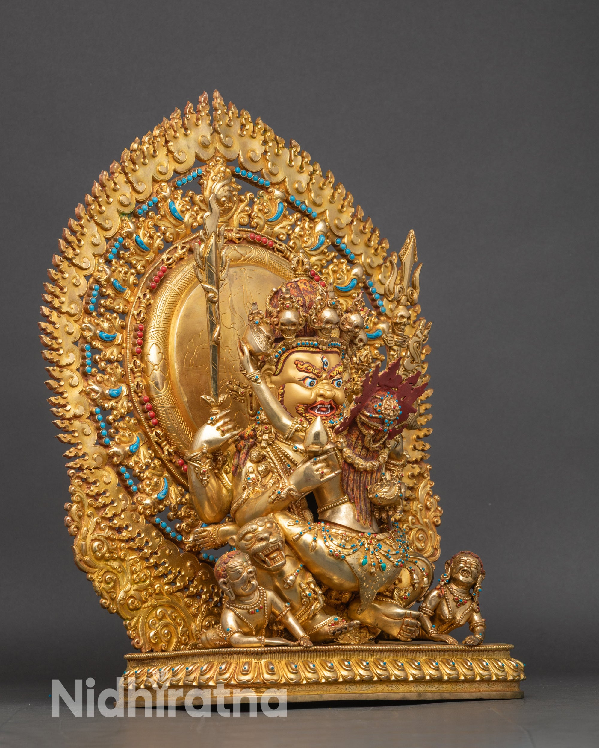 Right side view of Hayagriva Yab-Yum sculpture, copper Buddhist protector deity