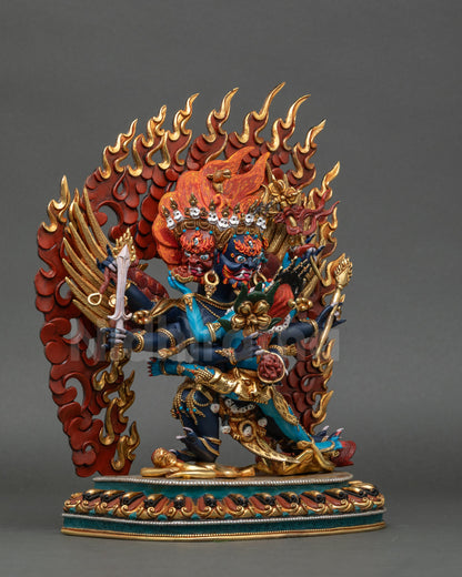 Right side view of Hayagriva statue showing dynamic posture and lotus base