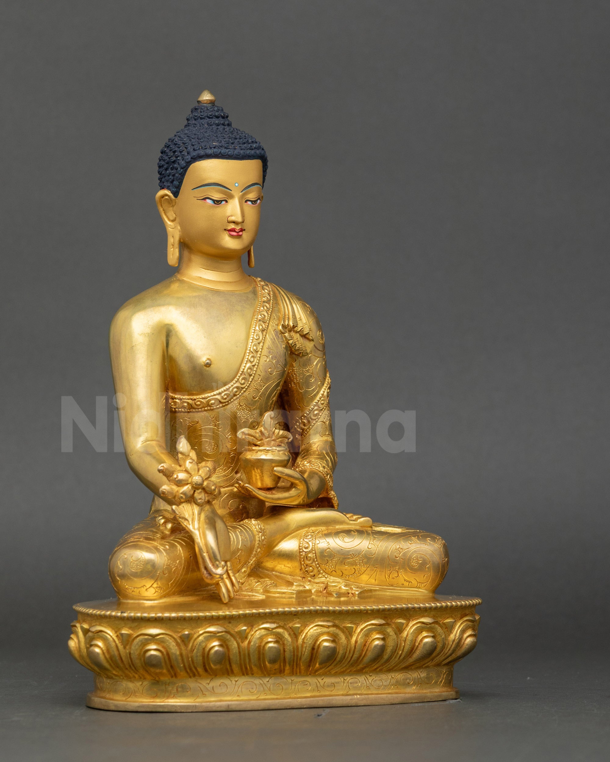 Right side view of Healing Buddha Bhaisajyaguru Statue copper Fire-Gilded craftsmanship
