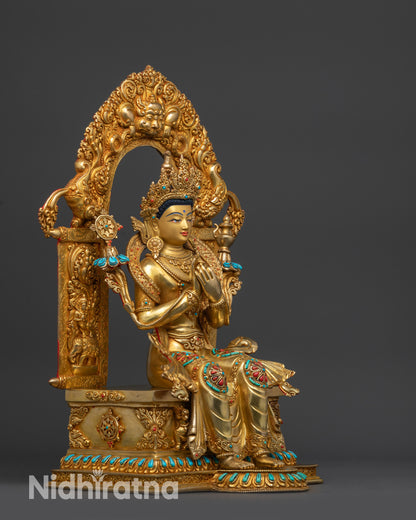 Right side view of Maitreya Buddha statue on Trona throne with miniature animals and garuda