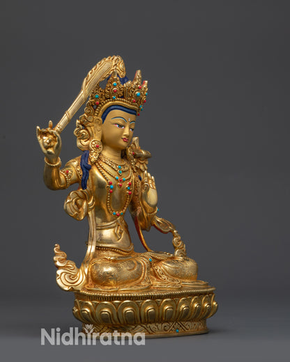 Right side view of Manjushri Statue lotus seat copper alloy gold fire-gilded