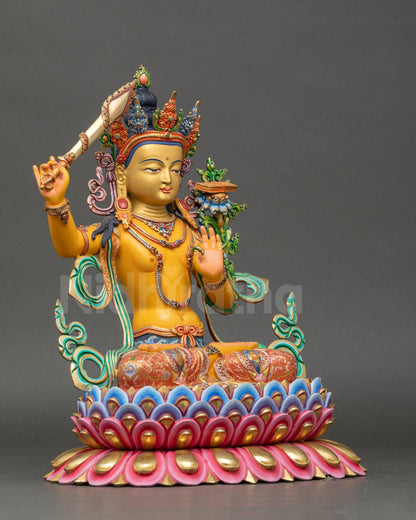 Right side view of Manjushri statue, artisan-crafted Nepalese Buddhist deity artwork