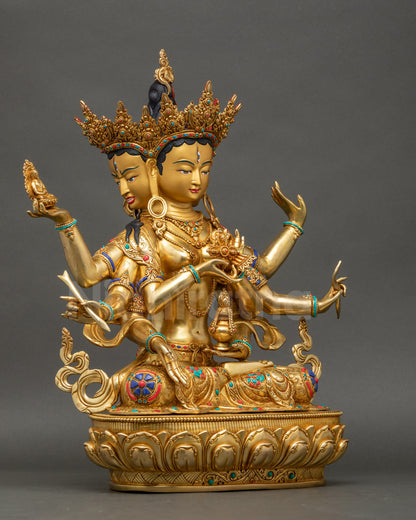 Right side view of Namgyalma statue displaying eight arms with sacred implements and triple gold fire-gilded finish
