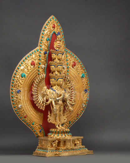 Right side view of Sahasrabhuja Lokeshvara statue with gold fire-gilded copper and lotus base
