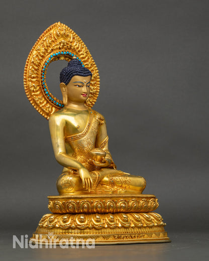 Right side view of Shakyamuni Buddha figurine, copper sculpture with gold fire-gilding