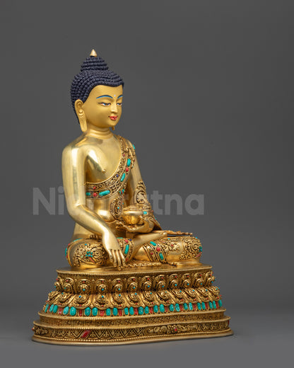 Right side view of Shakyamuni Buddha statue on double-lotus seat for sacred home altar