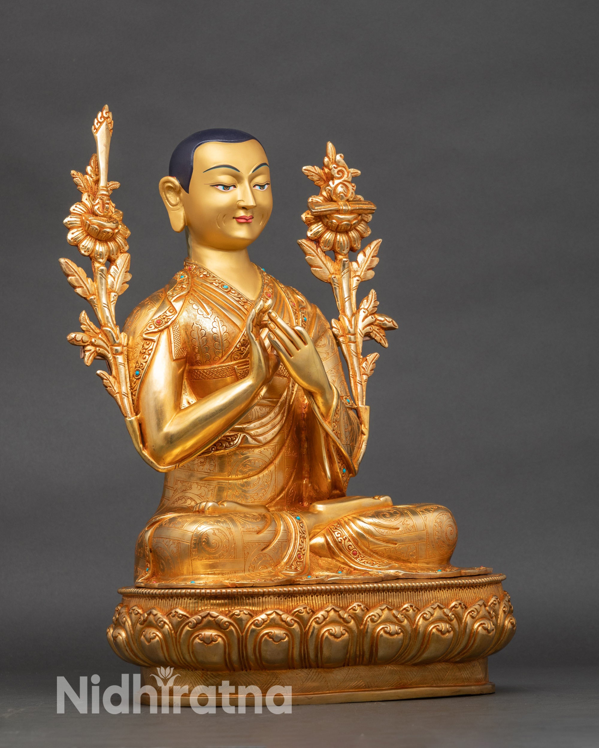 Right side view of Tsongkhapa statue, handcrafted Nepalese Buddhist figure