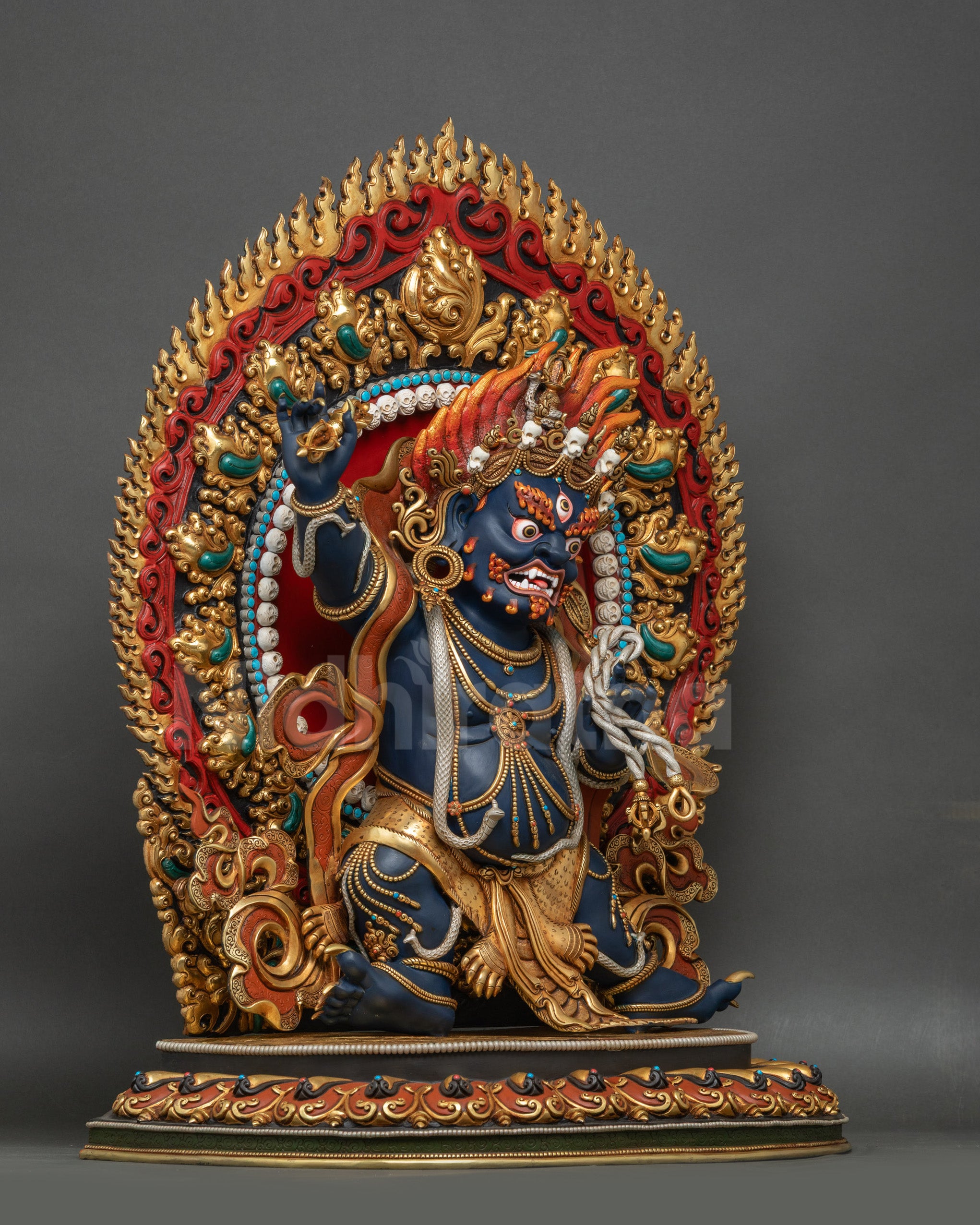 Right side view of Vajrapani Statue holding Vajra and lasso, Nepalese spiritual art