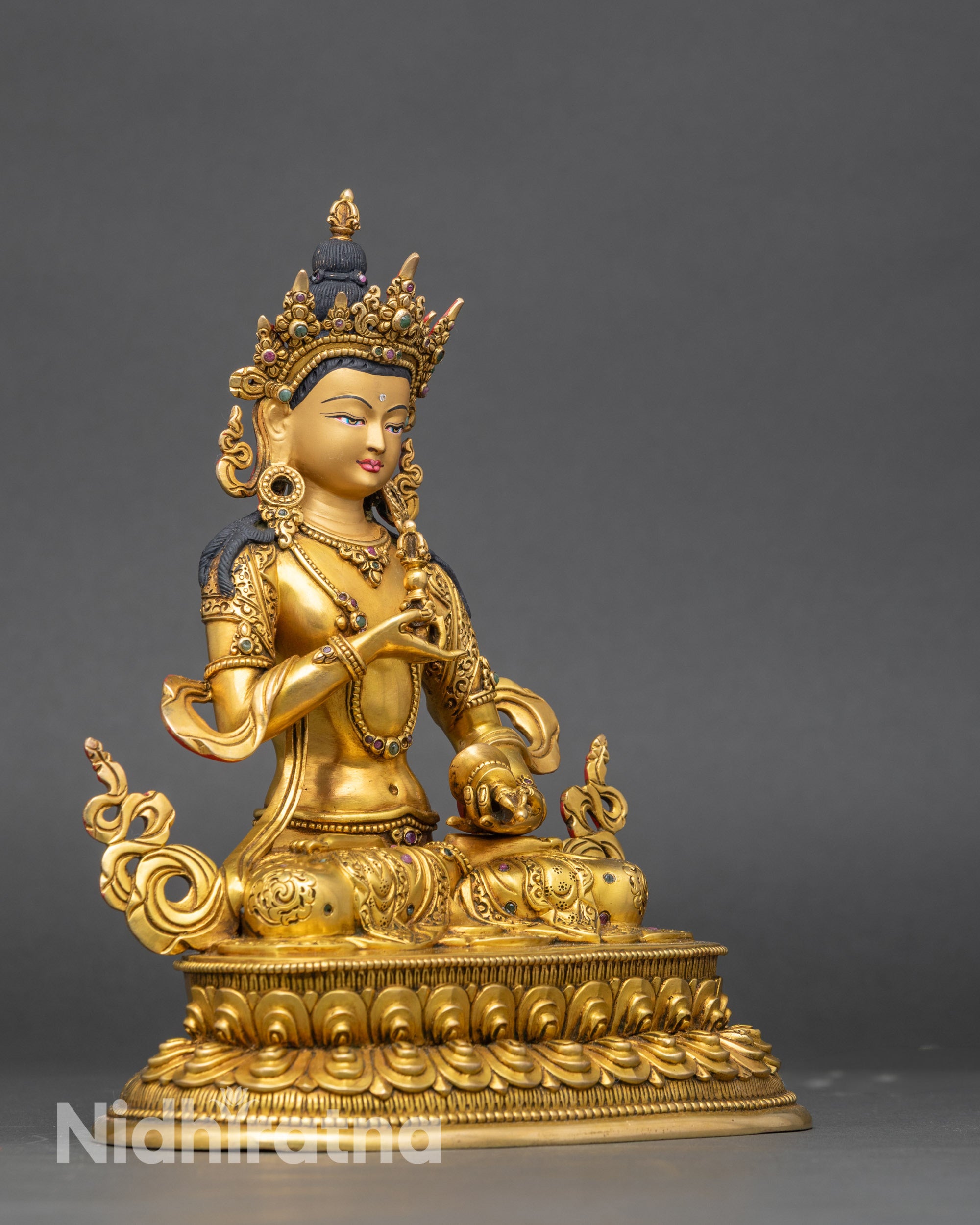Right side view of Vajrasattva statue seated on lotus pedestal, Nepalese Dorje Sempa for meditation altar