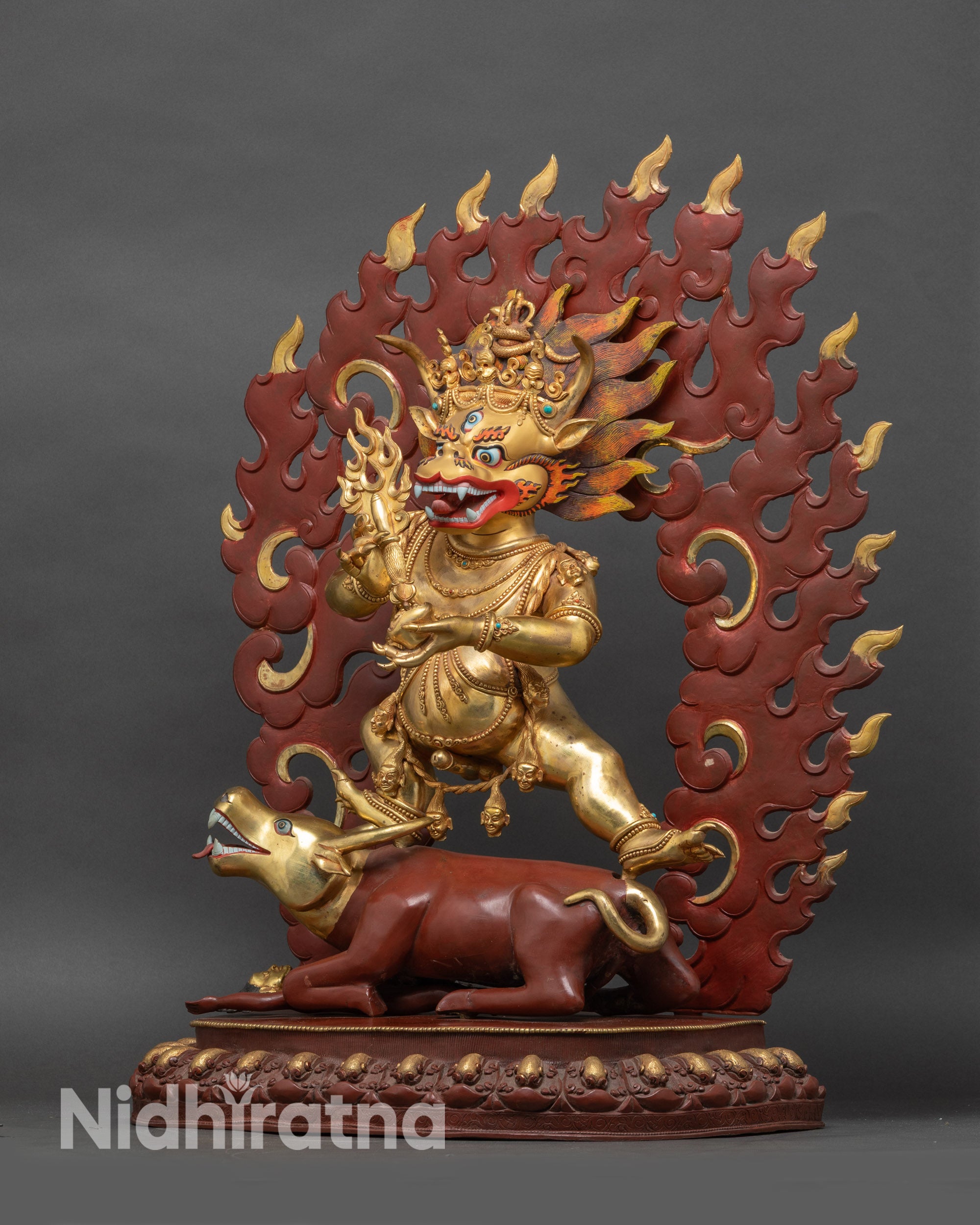 Right side view of Yamantaka statue, copper alloy with acrylic colors on gilding