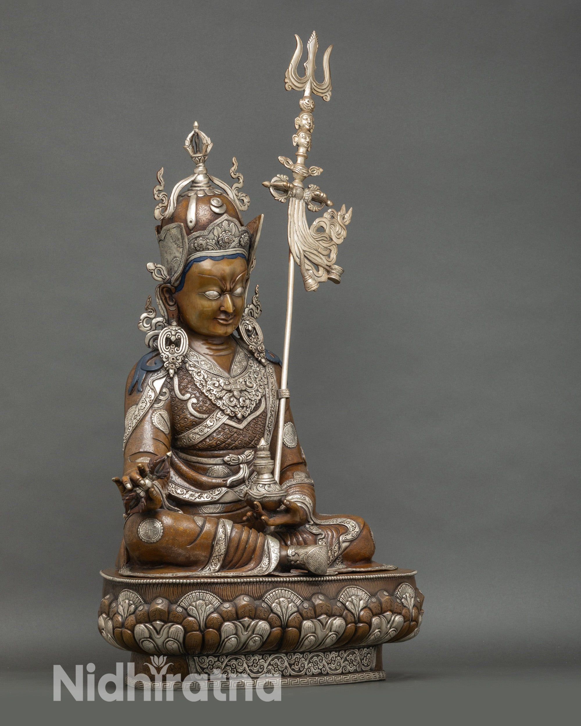 Right view Guru Rinpoche statue, silver khatvanga staff, oxidized copper, handcrafted Nepal