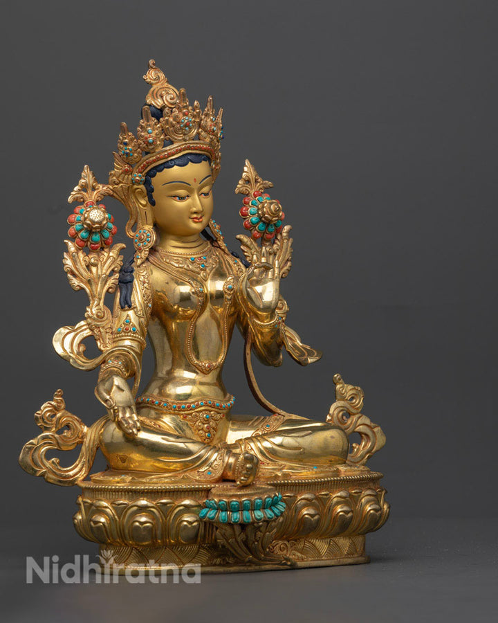 Right side view of Green Tara Goddess with her Varada mudra and leg extended position in turquoise lotus stones.