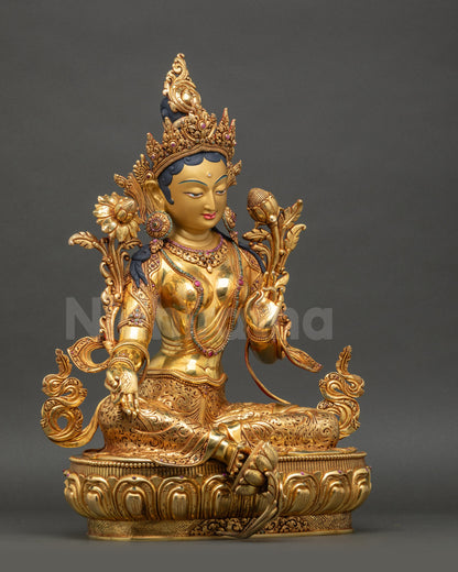 Right view showing Green Tara’s lotus posture and intricate gilded details