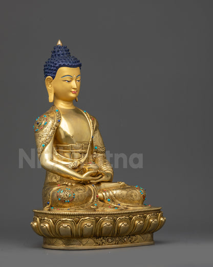 Right view side Amitabha Buddha 24k gold-gilded copper meditation statue profile