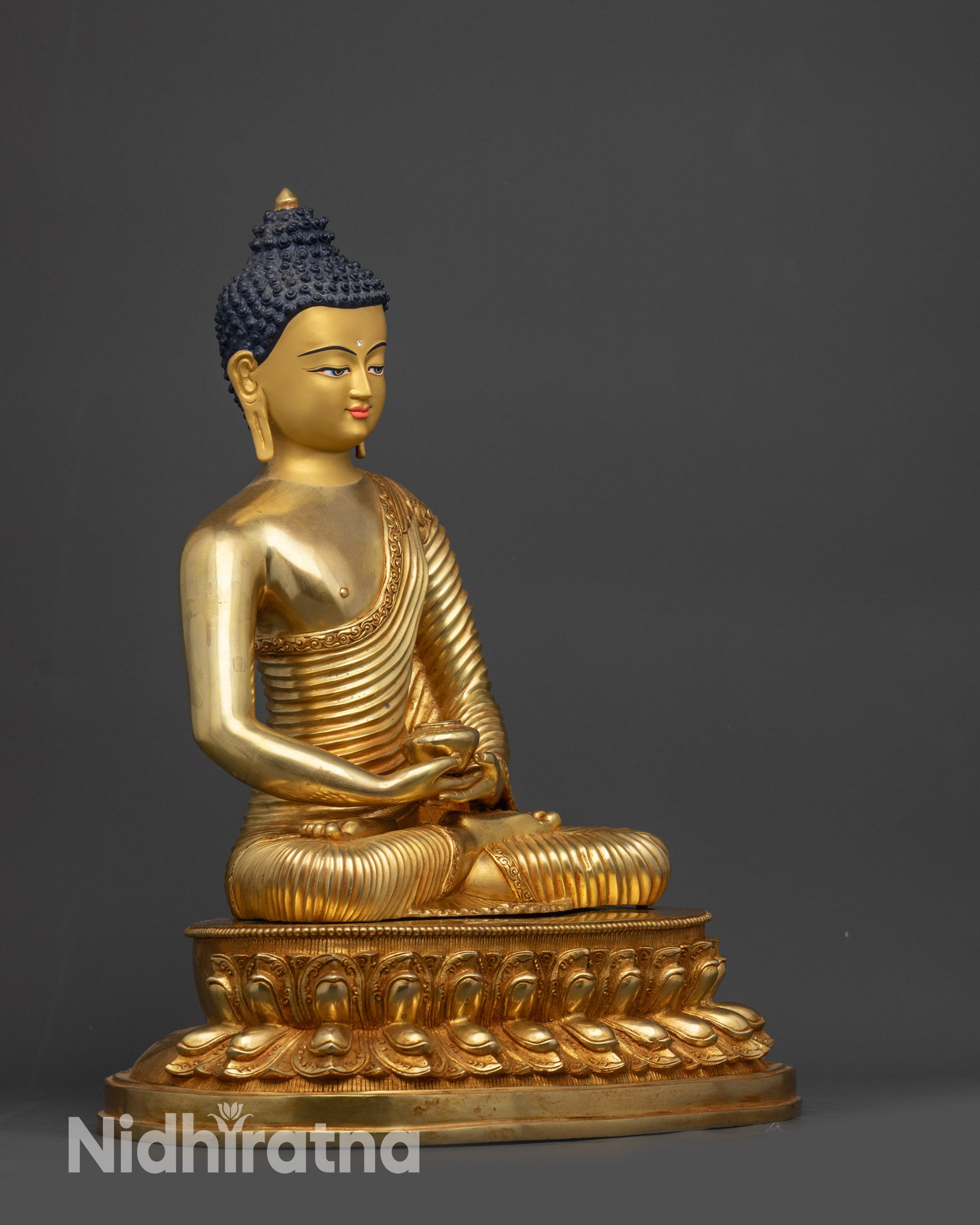 Right view side Amitabha Buddha statue on double-layered lotus seat