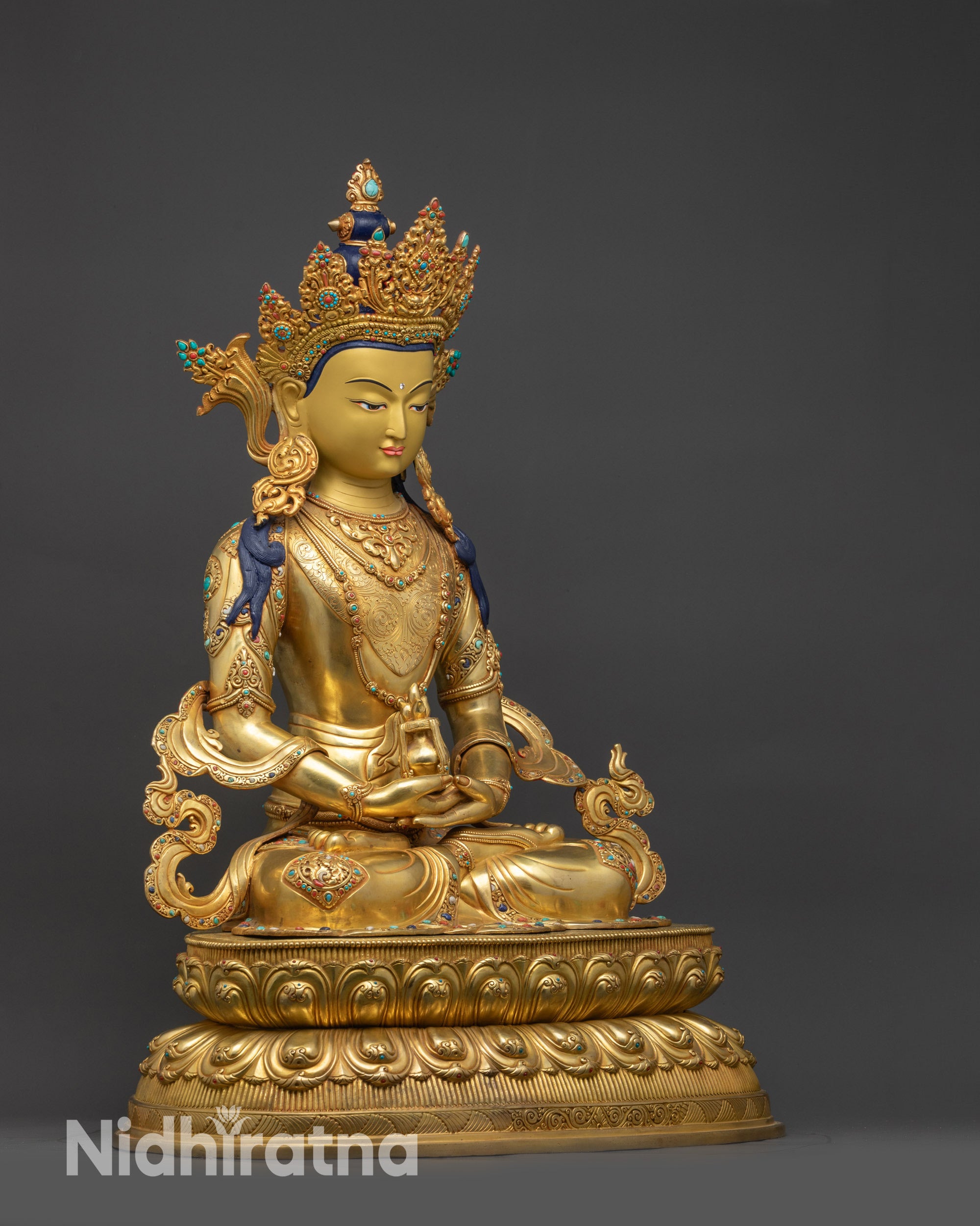 Right view side Amitayus Buddha statue showing balanced posture and lotus pedestal
