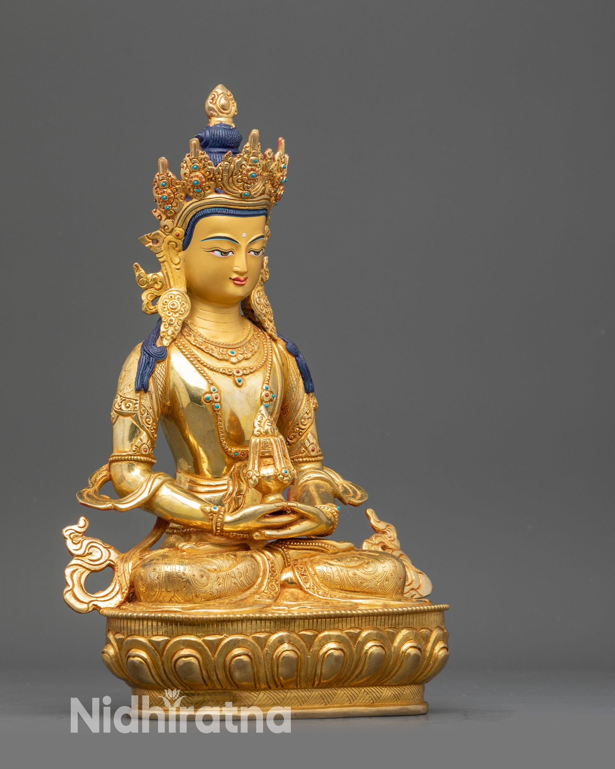 Right view side Amitayus Figurine seated in lotus pose on lotus pedestal

