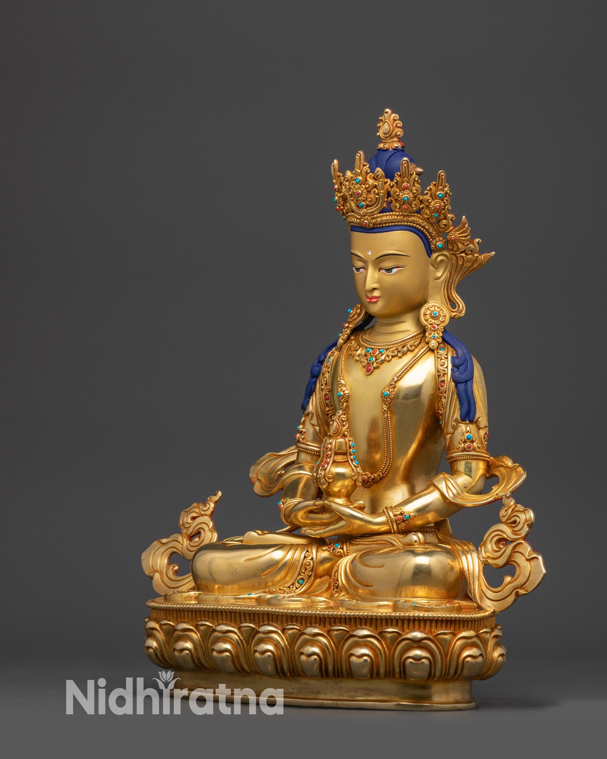 Right view side Amitayus seated on lotus with long-life vase and intricate carvings
