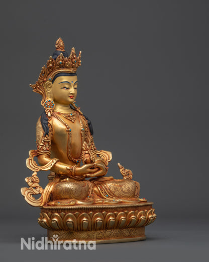 Right view side Amitayus statue displaying gold fire-gilded base and semi-precious stones
