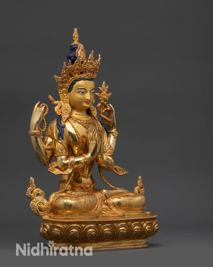 Right view side Chenrezig statue showing armlets and lotus seat for meditation space