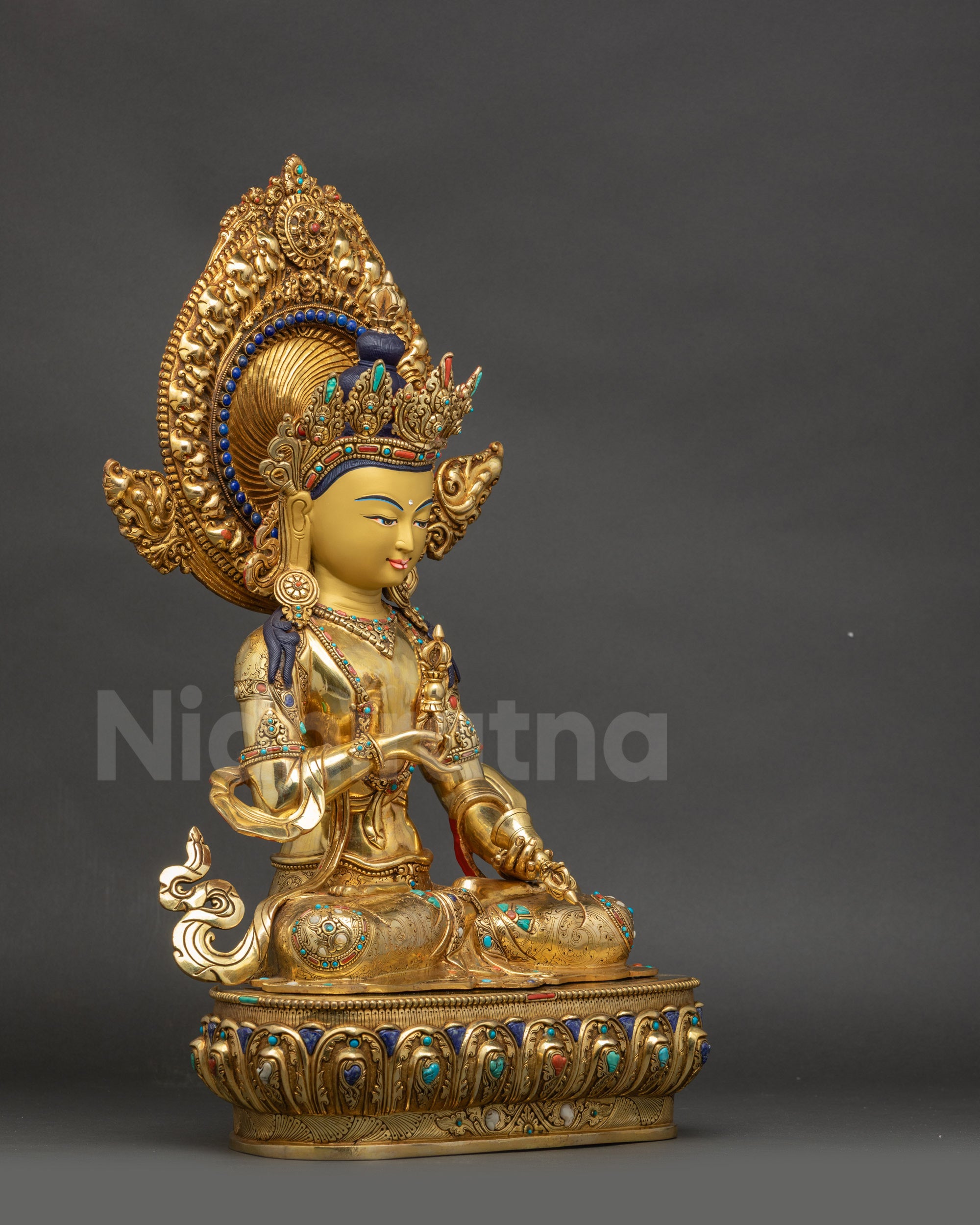 Right view side Dorje Sempa sculpture copper body, gold-gilded, lotus pedestal, floral motif