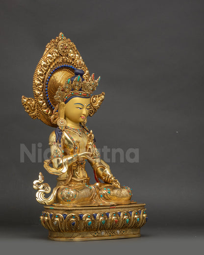 Right view side Dorje Sempa sculpture copper body, gold-gilded, lotus pedestal, floral motif