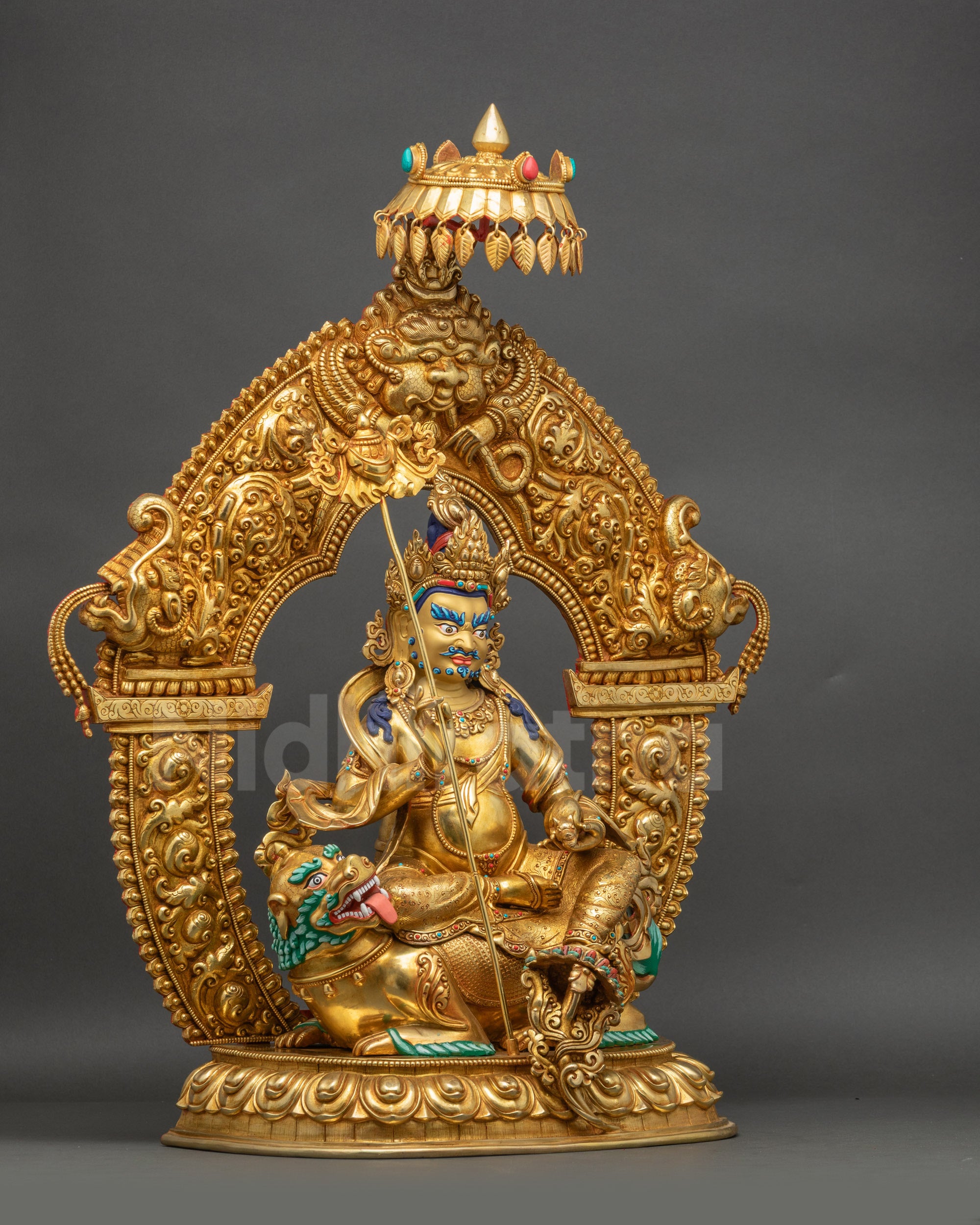 Right view side Namtoshe statue seated on snow lion victory banner mongoose
