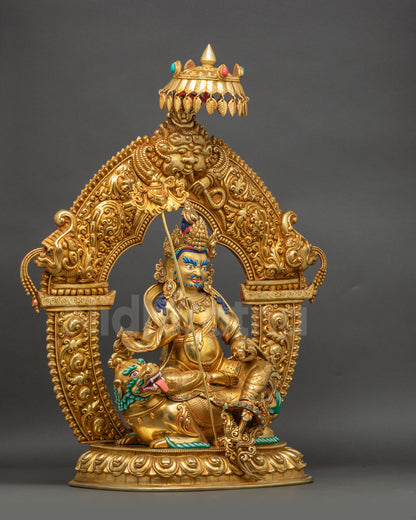 Right view side Namtoshe statue seated on snow lion victory banner mongoose
