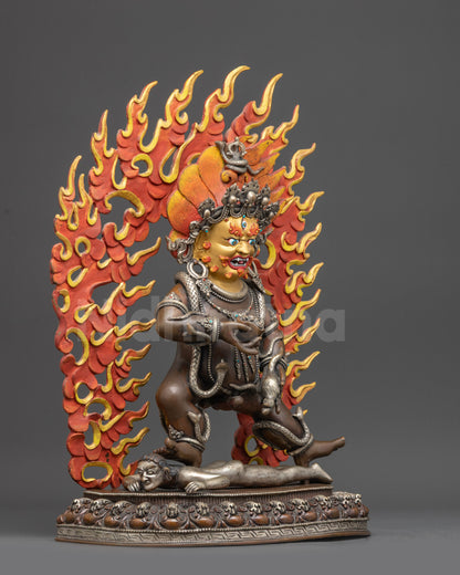 Right view side Oxidized Black Dzambhala statue showing lotus throne and intricate garments
