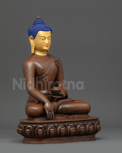 Right view side Oxidized Shakyamuni Buddha statue performing earth-touching mudra
