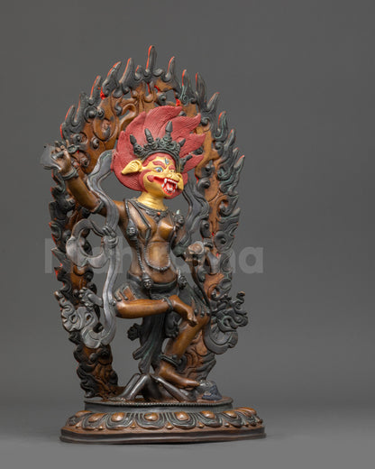 Right view side Oxidized Simha Mukha Statue with kartaika knife and skull cup