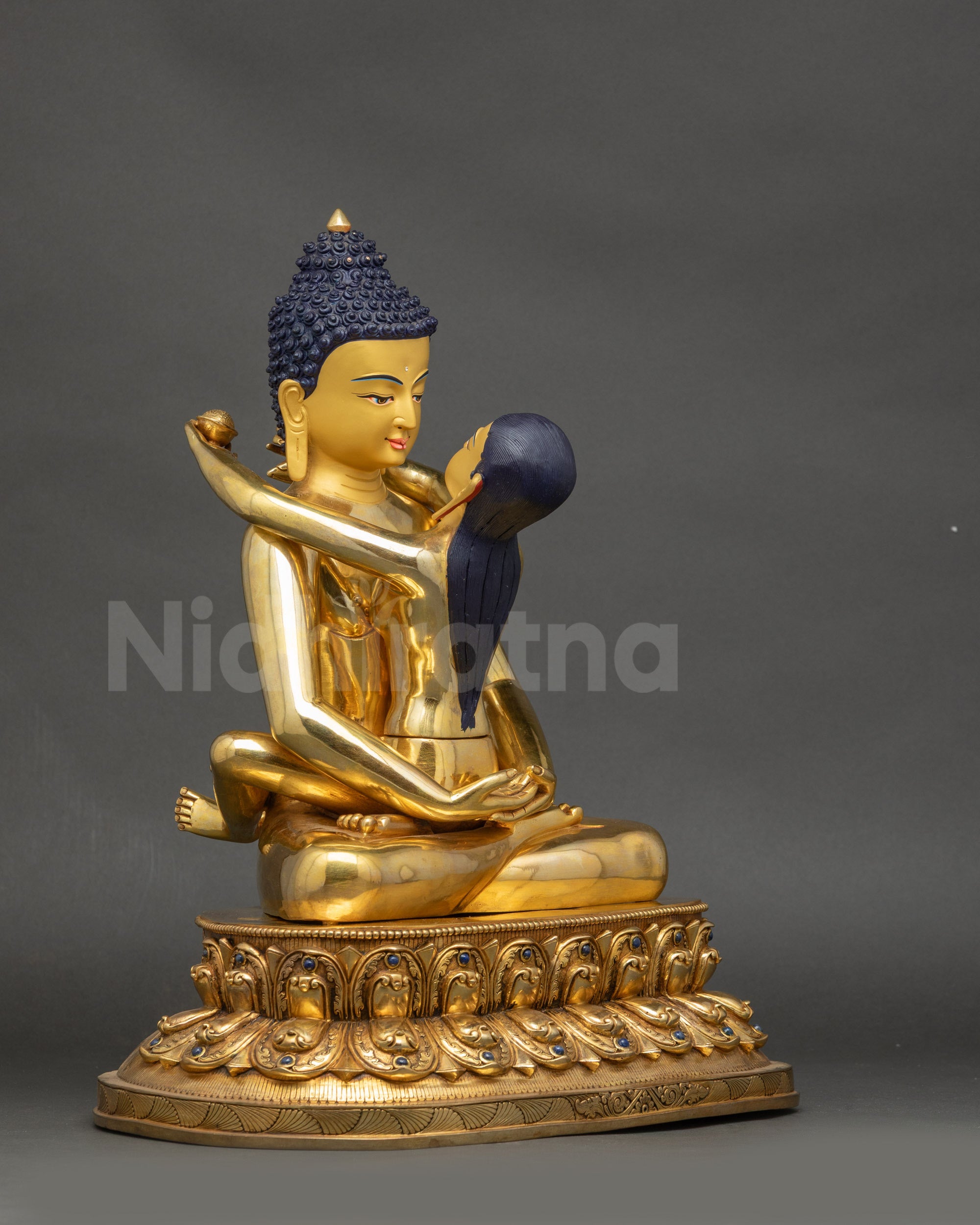 Right view side Samantabhadra Yab Yum Adibuddha sculpture copper gold-gilded lotus pedestal