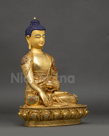 Right view side Shakyamuni Buddha Statue copper sculpture with intricate lotus pedestal