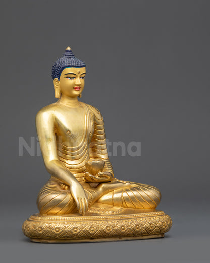 Right view side Shakyamuni Buddha statue seated on pedestal meditation idol
