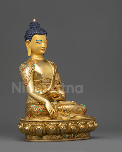Right view side Shakyamuni Buddha statue showing side profile and lotus base