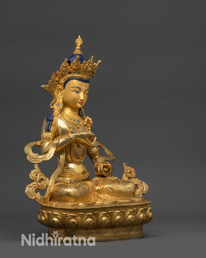 Right view side Vajrasattva statue highlighting flowing robes and semi-precious embellishments
