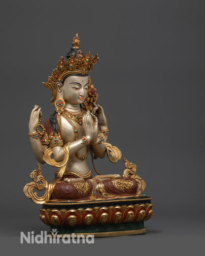 Right view side White-Hued Four-Armed Chenrezig statue showing lotus pedestal and arm details
