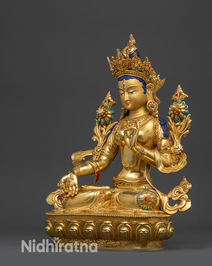 Right view side White Tara Statue seated on lotus with flowing robe and semi-precious stone ornaments